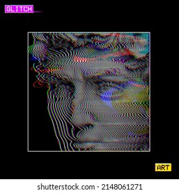 Vector abstract glitch art illustration from 3D rendering of classical sculpture eyes and face close up in corrupted RGB color offset CRT TV style oscillator line halftone style on black background.