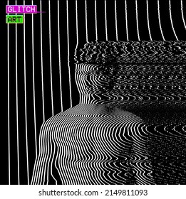 Vector abstract glitch art illustration from 3D rendering of frontal bust of a male figure in corrupted CRT TV oscillator white line halftone style on black background.