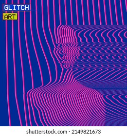 Vector abstract glitch art illustration from 3D rendering of frontal bust of a female figure in corrupted CRT TV oscillator pink line halftone on blue background in vaporwave style.