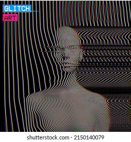 Vector abstract glitch art illustration from 3D rendering of frontal bust of a female figure in corrupted CRT TV oscillator RGB color offset line halftone style on black background.