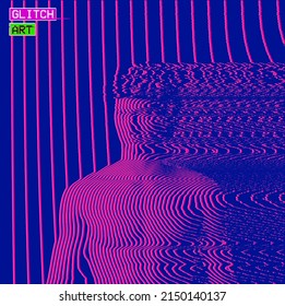 Vector abstract glitch art illustration from 3D rendering of frontal bust of a male figure in corrupted CRT TV oscillator pink line halftone on blue background in vaporwave style.