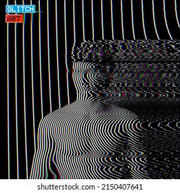 Vector abstract glitch art illustration from 3D rendering of frontal bust of a male figure in corrupted CRT TV oscillator RGB color offset line halftone style on black background.