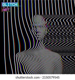 Vector abstract glitch art illustration from 3D rendering of frontal bust of a female figure in corrupted CRT TV oscillator RGB color offset line halftone style on black background.