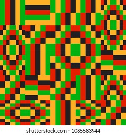 Vector abstract glitch pattern web backgrounds repeating. Primitive pixel ornament african ethnic color green yellow red - textile fashion design