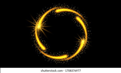 Vector abstract glitter ring fireworks with shiny color sparkle and gold stars on black background. Color golden glitter fireworks. Fire swirl golden ring for celebration on festive design