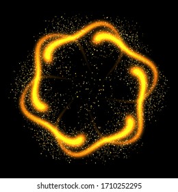 Vector abstract glitter ring fireworks with shiny color sparkle and gold stars on black background. Color golden glitter fireworks. Fire swirl golden ring for celebration on festive design