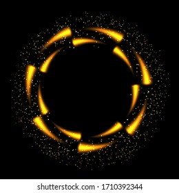 Vector abstract glitter ring fireworks with shiny color sparkle and gold stars on black background. Color golden glitter fireworks. Fire swirl golden ring for celebration on festive design