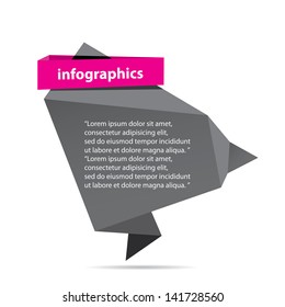 vector abstract glossy black paper origami speech bubble with pink ribbon for text. Vector black paper abstract banner for website or cover design.