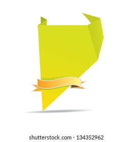 vector abstract glossy green paper origami speech bubble with orange ribbon for text. Vector green abstract background for website or cover design.
