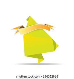 vector abstract glossy green paper origami speech bubble with orange ribbon for text. Vector green abstract background for website or cover design.