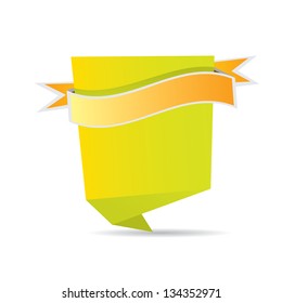 vector abstract glossy green paper origami speech bubble with orange ribbon for text. Vector green abstract background for website or cover design.