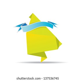 vector abstract glossy green paper origami speech bubble with blue ribbon for text. Vector green abstract background for website or cover design.