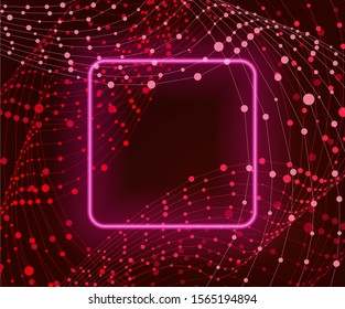 Vector Abstract Glowing Background, Neon Lights, Square Frame on Network Connections Background, Bright Red and Magenta Colors, Backdrop Template.