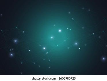 Vector abstract glowing bright molecules with dots and lines on a green background