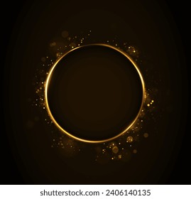 Vector abstract glowing gold circle with sparkles. Abstract round golden light frame on dark background. 