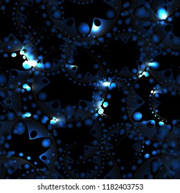 Vector abstract glowing lead seamless pattern of soap bubbles and gears in gray and blue design on a black background for fabrics or gift paper. For decoration and design of festive and fantasy styles