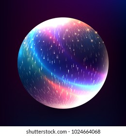 Vector abstract glowing magic sphere. 3d planet concept. Shape of glowing circles and particles. Futuristic globe. Neon lights planet. Illustration for presentations, party flyers, banners.