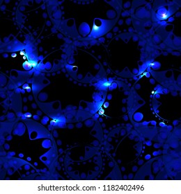 Vector abstract glowing ocean seamless pattern of soap bubbles and gears in blue design on a black background for fabrics or gift paper. For decoration and design of festive and fantasy styles.