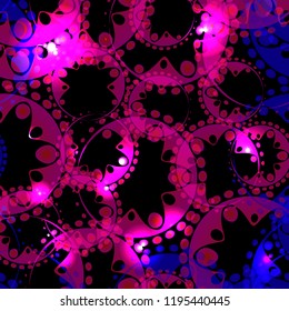 Vector abstract glowing pattern of gears and spheres in purple and lilac arrangement on a black background for fabrics or festive attributes. For design and design of parties and festivals.