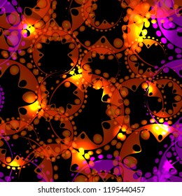 Vector abstract glowing pattern of gears and spheres in bronze and purple design on a black background for fabrics or festive attributes. For design and design of parties and festivals.