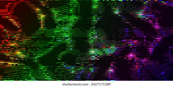 Vector abstract glowing pixel waves pattern . Modern graphic pattern with electric motion shapes. Dark disco party atmosphere. Futuristic  glow background with neon lights.