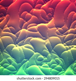 Vector abstract glowing point noise background. Array of glowing points in form of distorted surface. Abstract colorful cyber background. eps10