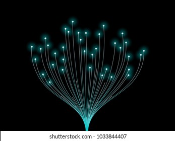 Vector abstract glowing tree in technology, digital or science concept in green color isolated on black background.