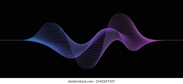 Vector abstract glowing wave lines on dark background. Modern purple blue gradient flowing wave lines. Futuristic technology concept. Suit for poster, banner, brochure, cover, website, flyer	