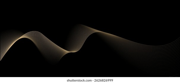 Vector abstract glowing wave lines on black background. Modern gold gradient flowing wave lines. Futuristic technology concept. Suit for poster, banner, brochure, cover, website, flyer	
