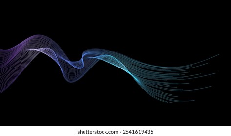 Vector abstract glowing wave lines on dark background. Modern violet green gradient flowing wave lines. Futuristic technology concept. Suit for poster, banner, brochure, cover, website, flyer	