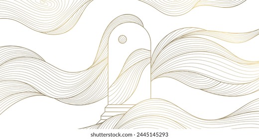 Vector abstract gold background, arch and waves, sun, moon. Line golden illustration, elegant celestial, spiritual card.