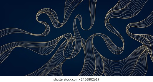 Fondo abstracto del oro del Vector, textura del arte de la onda de lujo, Anuncio elegante de la línea superior. Fondo de cobre de flujo de curva