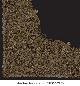 Vector abstract gold bandana peacock print. Floral pattern from rose flowers, leaves and fairy tale ornate birds. Quarter scarf, to get the whole shawl should be rotated around the upper right corner