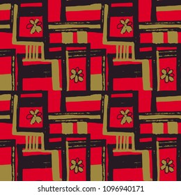 vector abstract gold and black stripes and flowers on red background for use in design, pattern for fabrics, textiles, wallpaper, paper, web pages, graphic style