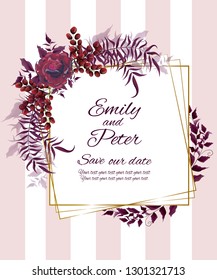 Vector abstract gold frame. Burgundy rose, berries, leaves. Template for wedding invitation. All elements are isolated.
