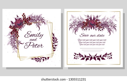 Vector abstract gold frame. Burgundy rose, berries, leaves. Template for wedding invitation. All elements are isolated.