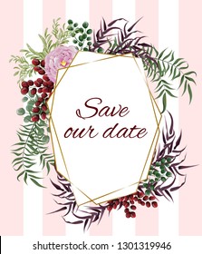 Vector abstract gold frame. Pink rose, green leaves, green and red berries, grass, maroon leaves. Template for wedding invitation. All elements are isolated.