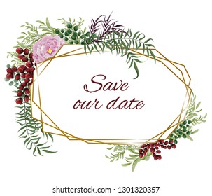 Vector abstract gold frame. Pink rose, green leaves, green and red berries, grass, maroon leaves. Template for wedding invitation. All elements are isolated.