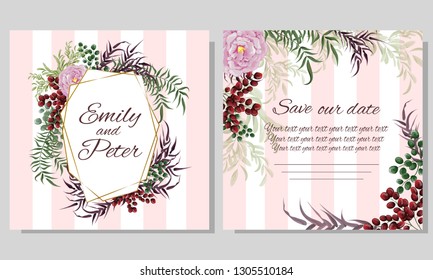 Vector abstract gold frame. Pink rose, green leaves, green and red berries, grass, maroon leaves. Template for wedding invitation. All elements are isolated.