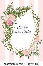 Vector abstract gold frame. Rose, ivy, green leaves. Template for wedding invitation. All elements are isolated.