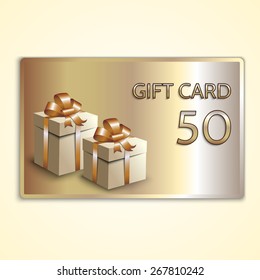 Vector abstract gold gift card with two boxes for fifty