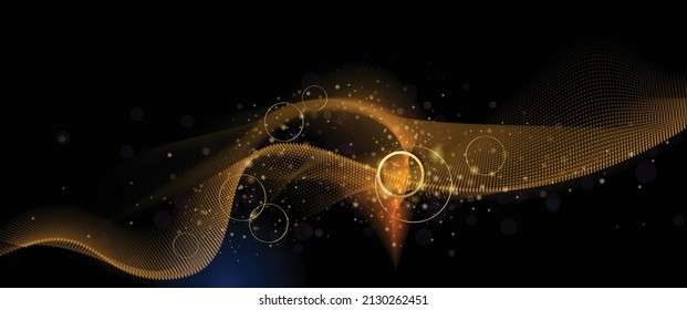 Esfera de luz dorada abstracta vectora con brillo y efecto brillante, explosión de explosión, partículas de polvo brillantes. Brillo dorado brillando, partícula de luz brillante y bokah, fondo de color negro de lujo