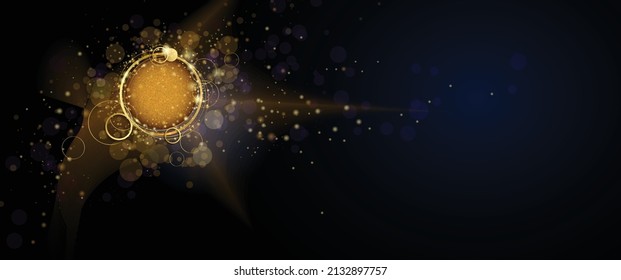 Vector abstract gold light sphere with glitter sparkle and glowing effect, explosion burst, dust particles shiny. Golden shine glittering, glow light particle and bokah, luxury black color background