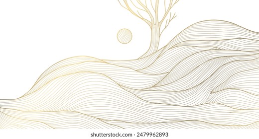 Vector abstracto paisaje de línea de oro, colinas con árbol y puesta de sol. Colinas Fondo de pantalla, ilustración moderna curva, estilo asiático. 