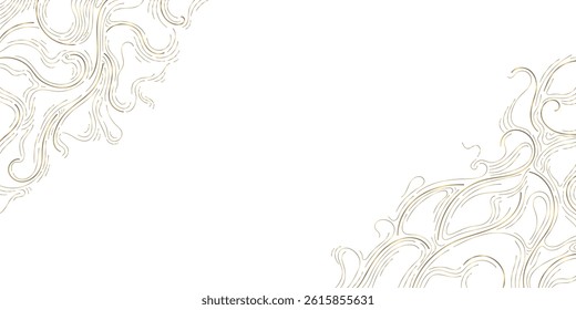Vector abstract gold line wave pattern, luxury elegant frame with organic fluid elements. Japanese soft cards, organic leaves, flow curve glitter, clouds. 