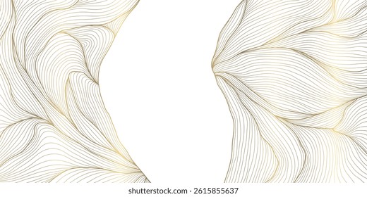 Vector abstract gold line wave pattern, luxury elegant frame with organic fluid elements. Japanese soft cards, organic leaves, flow curve glitter, clouds. 