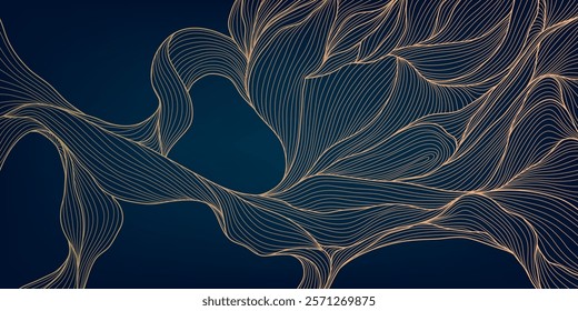 Vector abstract gold minimalist wave, line luxury art deco background. Wind, water, organic shape ornament, premium japanese style pattern, leaves texture