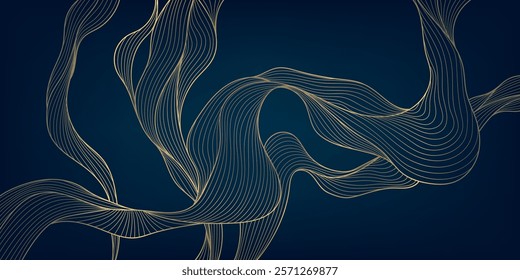 Vector abstract gold minimalist wave, line luxury art deco background. Wind, water, organic shape ornament, premium japanese style pattern, leaves texture