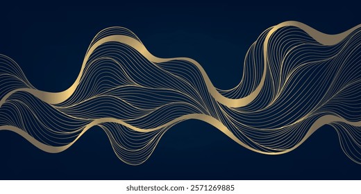 Vector abstract gold minimalist wave, line luxury art deco background. Wind, water, organic shape ornament, premium japanese style pattern, leaves texture