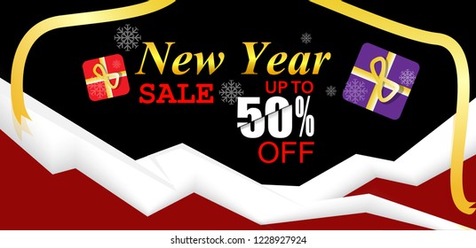 vector abstract gold new year 2019 sale with snowflakes, mountain and gift isolated on luxury black background